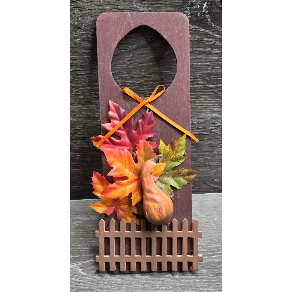 Autumn Wooden Door Hanger Sign Fence Pumpkin Gourd Maple Fall Leaves Wall Decor